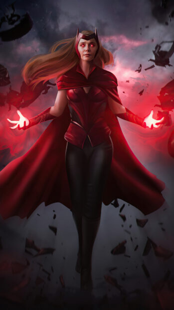 Scarlet Witch character using her magical powers with glowing red energy around her hands