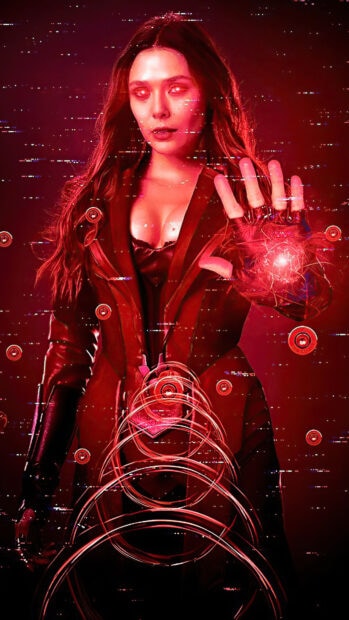 Scarlet Witch character using magic powers in a red glowing digital environment