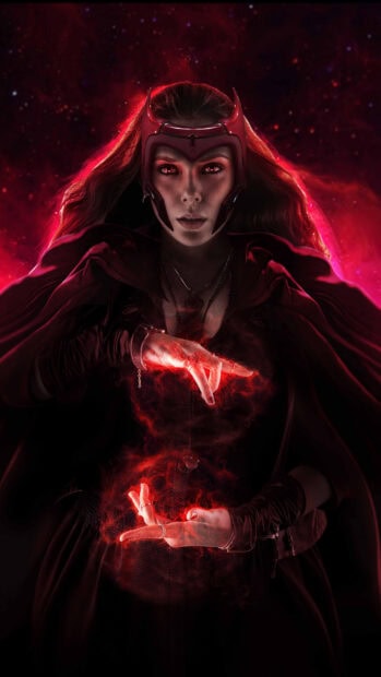 Scarlet Witch character casting red magic power with glowing eyes
