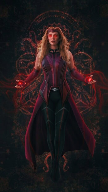 Scarlet Witch with glowing red eyes and magical energy floating in dark mystical background