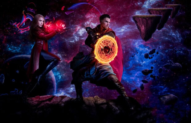 Scarlet Witch casting powerful magic with Doctor Strange in a cosmic space scene