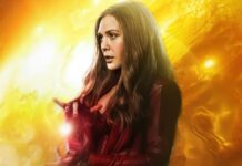 Scarlet Witch casting a powerful spell with glowing hands in a dramatic yellow background