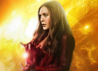 Scarlet Witch casting a powerful spell with glowing hands in a dramatic yellow background