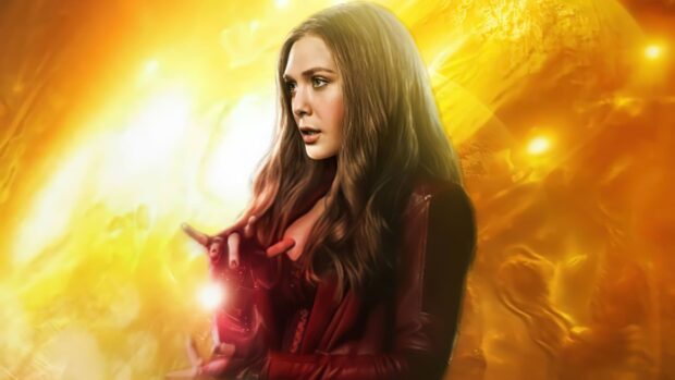 Scarlet Witch casting a powerful spell with glowing hands in a dramatic yellow background