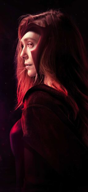 Scarlet Witch character profile with glowing eyes and red attire