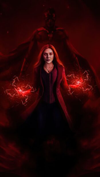 Scarlet Witch character with glowing red powers in a dark mystical setting