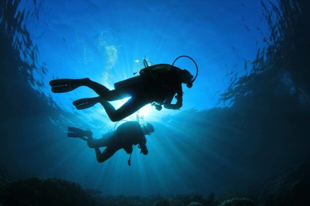 Two scuba divers exploring underwater illuminated by sunlight rays