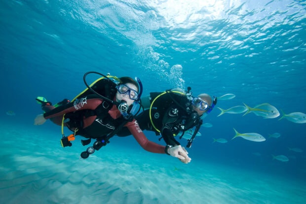Two scuba divers exploring underwater sea life with fish around them