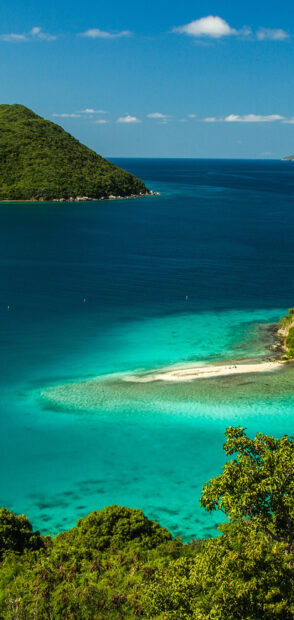 Turquoise sea and lush greenery surround a tropical seascape with a serene island