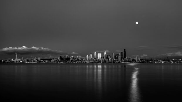 Seattle city skyline under the moonlight with buildings reflecting on the water at night