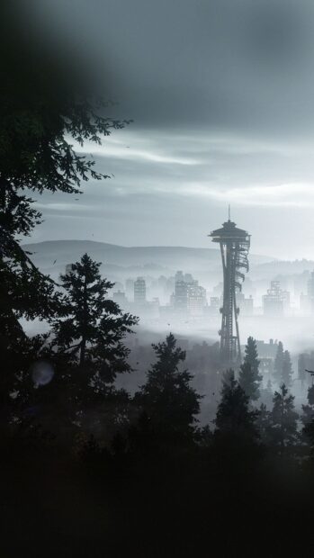 Seattle Wallpaper HD Mobile   A foggy Seattle skyline with the Space Needle surrounded by trees and hills