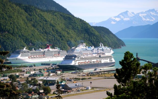 Large ships docked at the port near forested mountains and snowy peaks