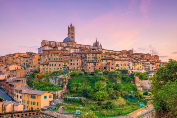 Historic Siena cityscape with ancient buildings and cathedral under purple evening sky