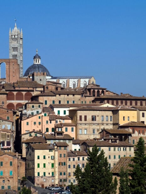 Old stone buildings and towers in Siena cityscape on a clear day with blue sky