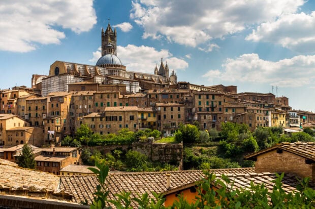 Historic Siena cityscape with cathedral dome and medieval buildings under a cloudy sky