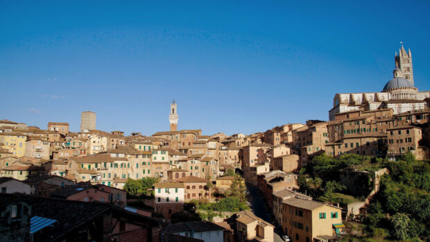 A panoramic view of Siena historical buildings and towers under a clear blue sky