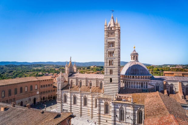 The Siena cathedral and bell tower with surrounding rooftops in a clear sky view