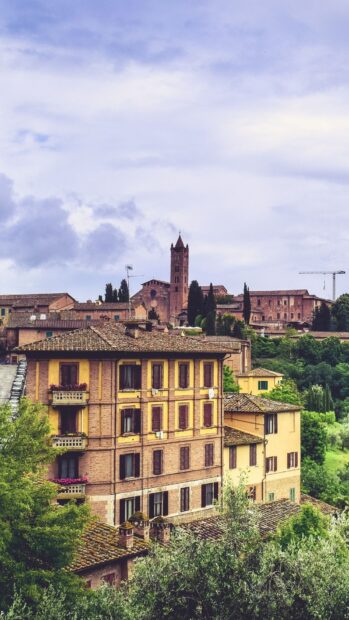 Historic Siena cityscape with traditional architecture and lush green trees in the foreground