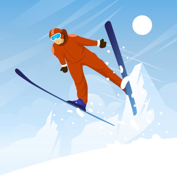A ski jumper in orange suit soaring over snowy mountains on a clear blue sky background