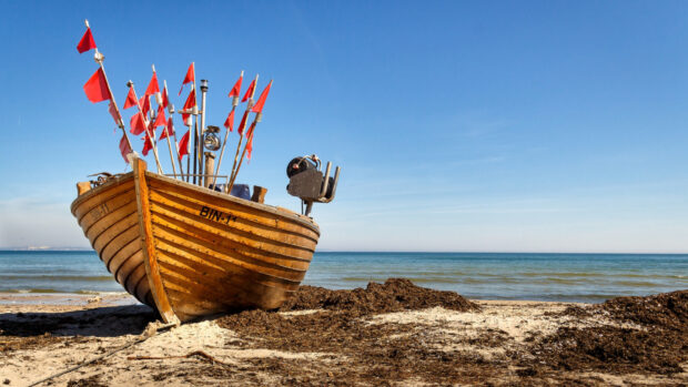 Wooden skiff with red flags resting on sandy beach near calm sea under clear blue sky