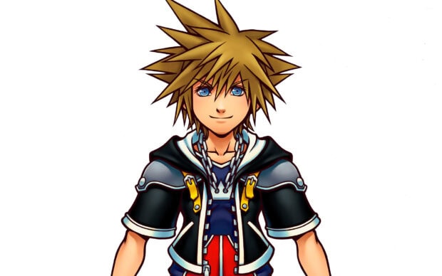 Sora from Kingdom Hearts is standing with a confident smile and spiky hair on a white background