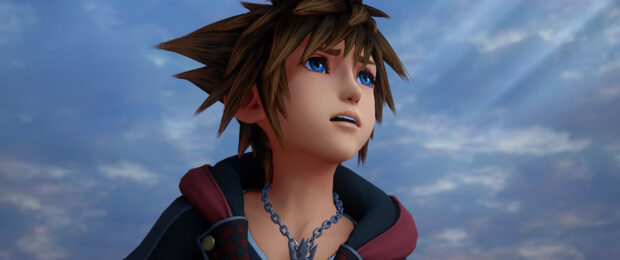 Sora from Kingdom Hearts looking up with blue eyes and spiky hair against a cloudy sky