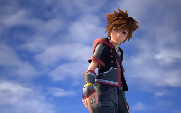 Sora from Kingdom Hearts stands confidently against a cloudy blue sky background