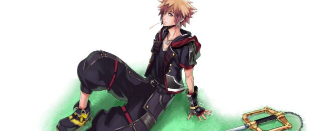 Sora sitting on grass with his keyblade beside him in a thoughtful pose