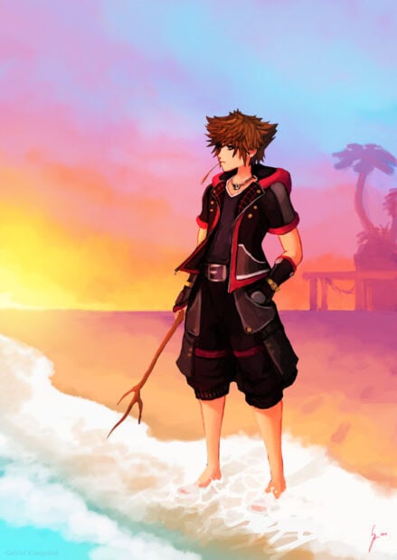 Sora standing barefoot on the shore holding a wooden staff during sunset