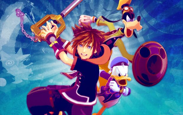 Sora from Kingdom Hearts holding a keyblade with Donald Duck and Goofy in an action pose against a blue background