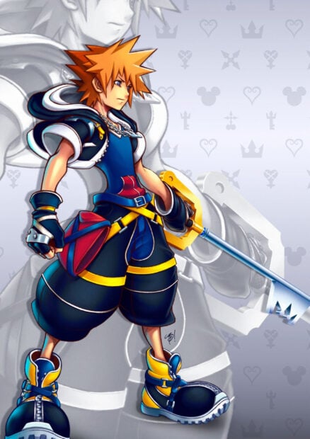 Sora from Kingdom Hearts holding a large key blade in a heroic pose