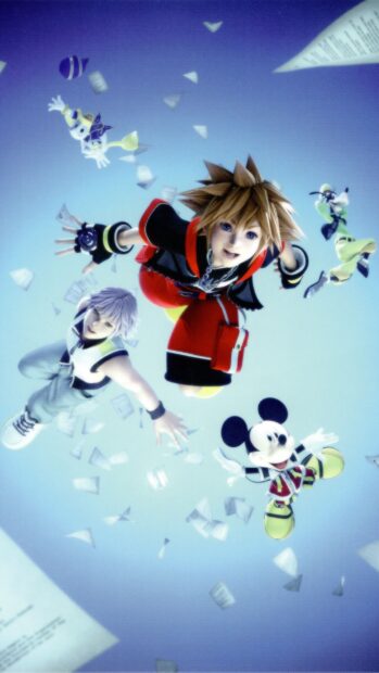 Sora from Kingdom Hearts is flying in a blue sky surrounded by floating papers and friends