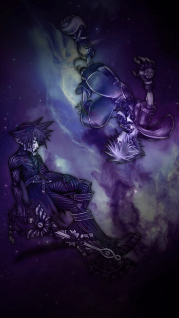 Sora character floating in space with dark and light contrasting versions surrounded by cosmic background