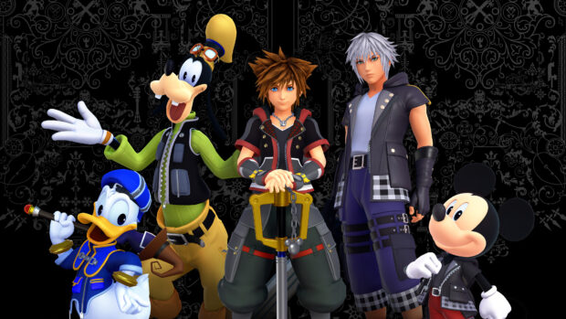 Sora from Kingdom Hearts stands with friends Goofy Donald and Mickey against a decorative black background