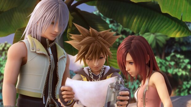 Sora Kingdom Hearts characters examining a map in a tropical setting