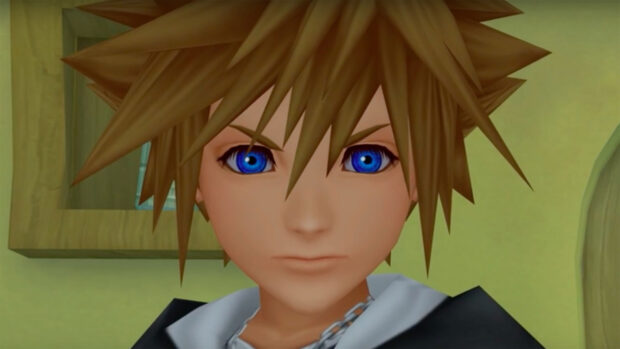 Close up of Sora from Kingdom Hearts with blue eyes and spiky hair in 3D animation