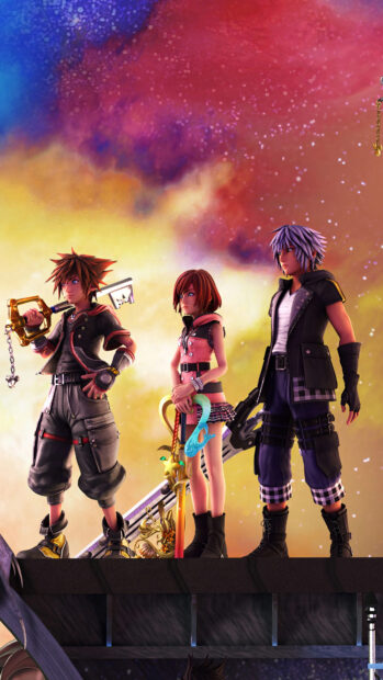 Sora and friends standing on a rooftop in a colorful sky in Sora Kingdom Hearts