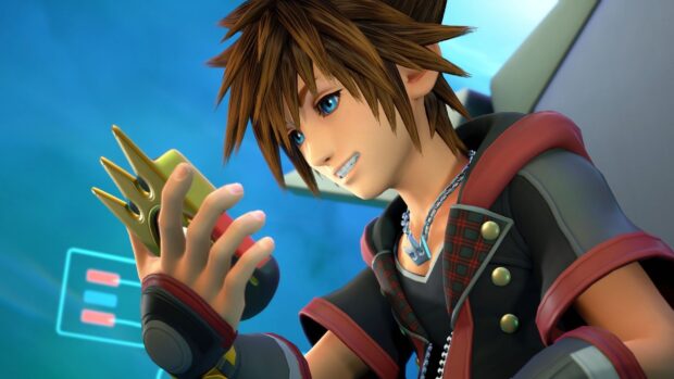 Sora holding a keyblade smiling with bright blue eyes in a detailed animated scene