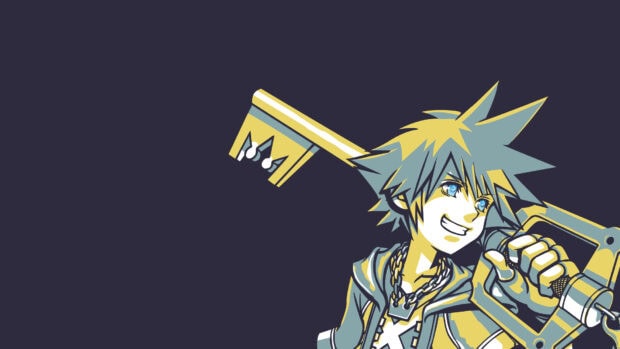 Sora holding a keyblade with spiky hair and a chain necklace from Kingdom Hearts