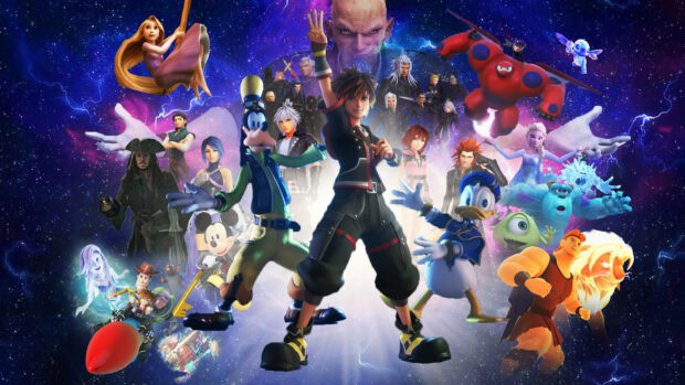 Sora Kingdom Hearts character standing with Disney friends and villains in a cosmic setting