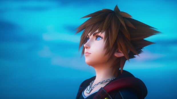 Sora character from Kingdom Hearts looking determined with a blue sky background