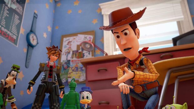 Sora character from Kingdom Hearts stands with Toy Story toys in a colorful room with star decorations