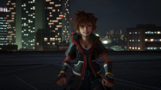 Sora character standing on a rooftop with a cityscape at night in Kingdom Hearts