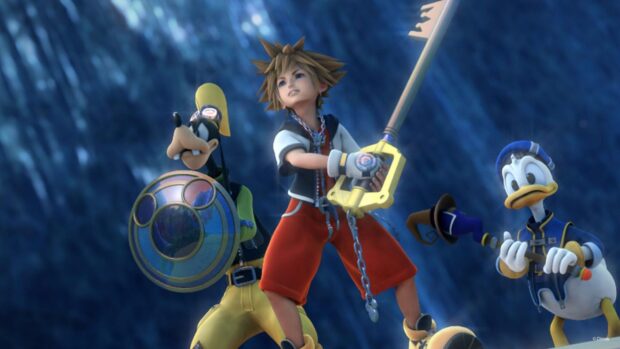 Sora from Kingdom Hearts holding a keyblade with Goofy and Donald preparing for battle