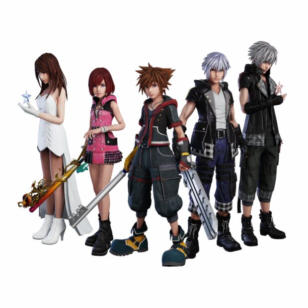 Characters from Kingdom Hearts standing side by side holding weapons and magical stars with Sora in the center