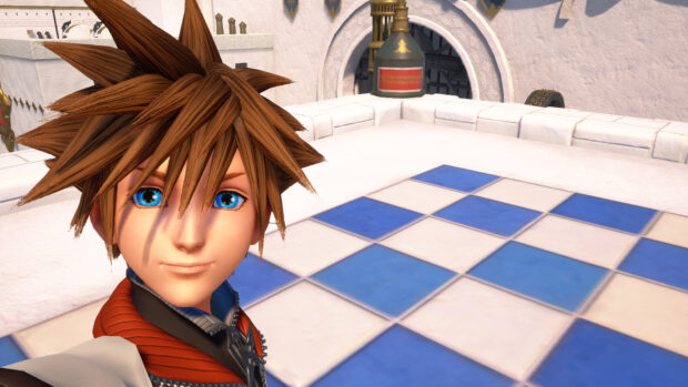 Sora from Kingdom Hearts taking a selfie with blue eyes and spiky brown hair