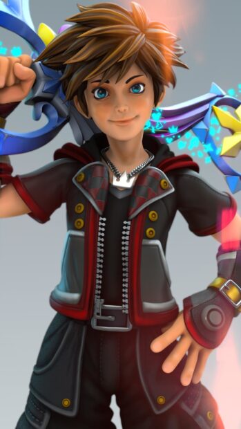 Sora character from Kingdom Hearts holding a keyblade with a confident expression