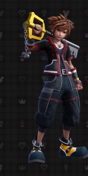 Sora character from Kingdom Hearts holding a large keyblade weapon