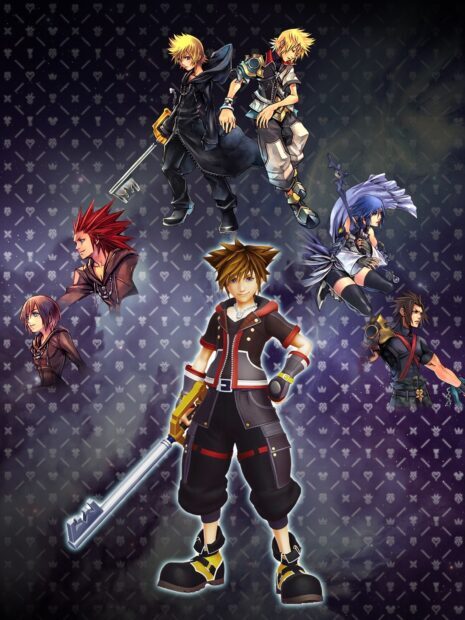 Main character Sora from Kingdom Hearts with other characters in an artistic wallpaper