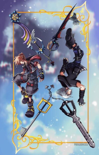 Sora and Riku from Kingdom Hearts holding keyblades floating in a blue sky background